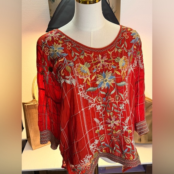 Johnny Was Tops - Johnny Was Red Embroidered Floral Tunic Top with Multicolor Stitching